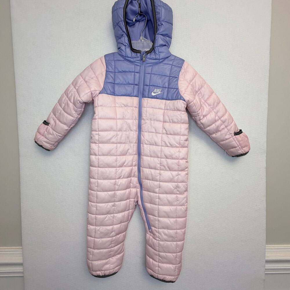 Nike Baby Snowsuit 24M Pink Purple Quilted Fleece Lined Hooded Bunting